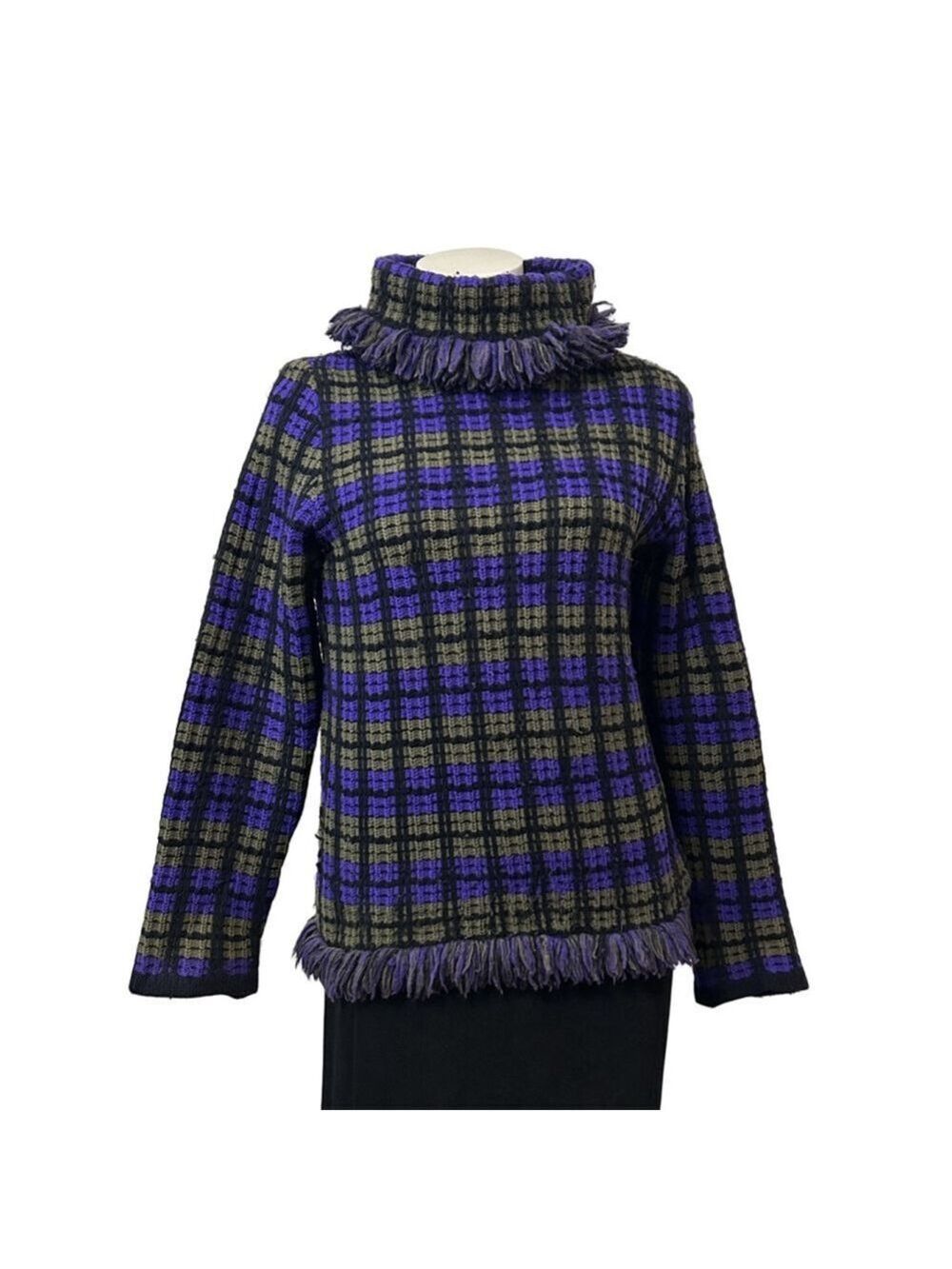 PM Glaser Wien Merino Wool Plaid Fringe Cowl Neck Sweater Size M